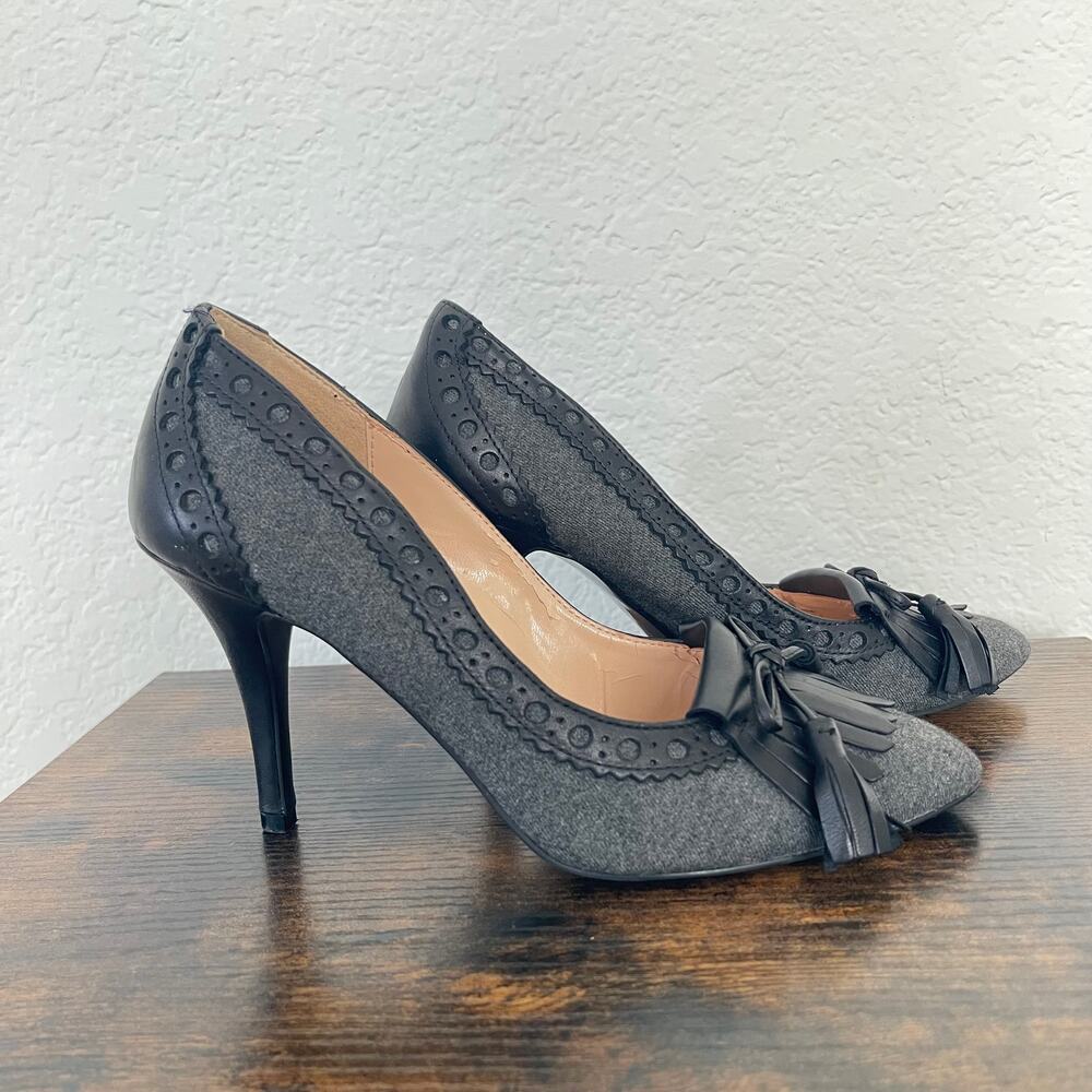 Audrey Brooke Gray Tweed & Black Leather Kiltie Fringe Bow Women's Pumps Size 7